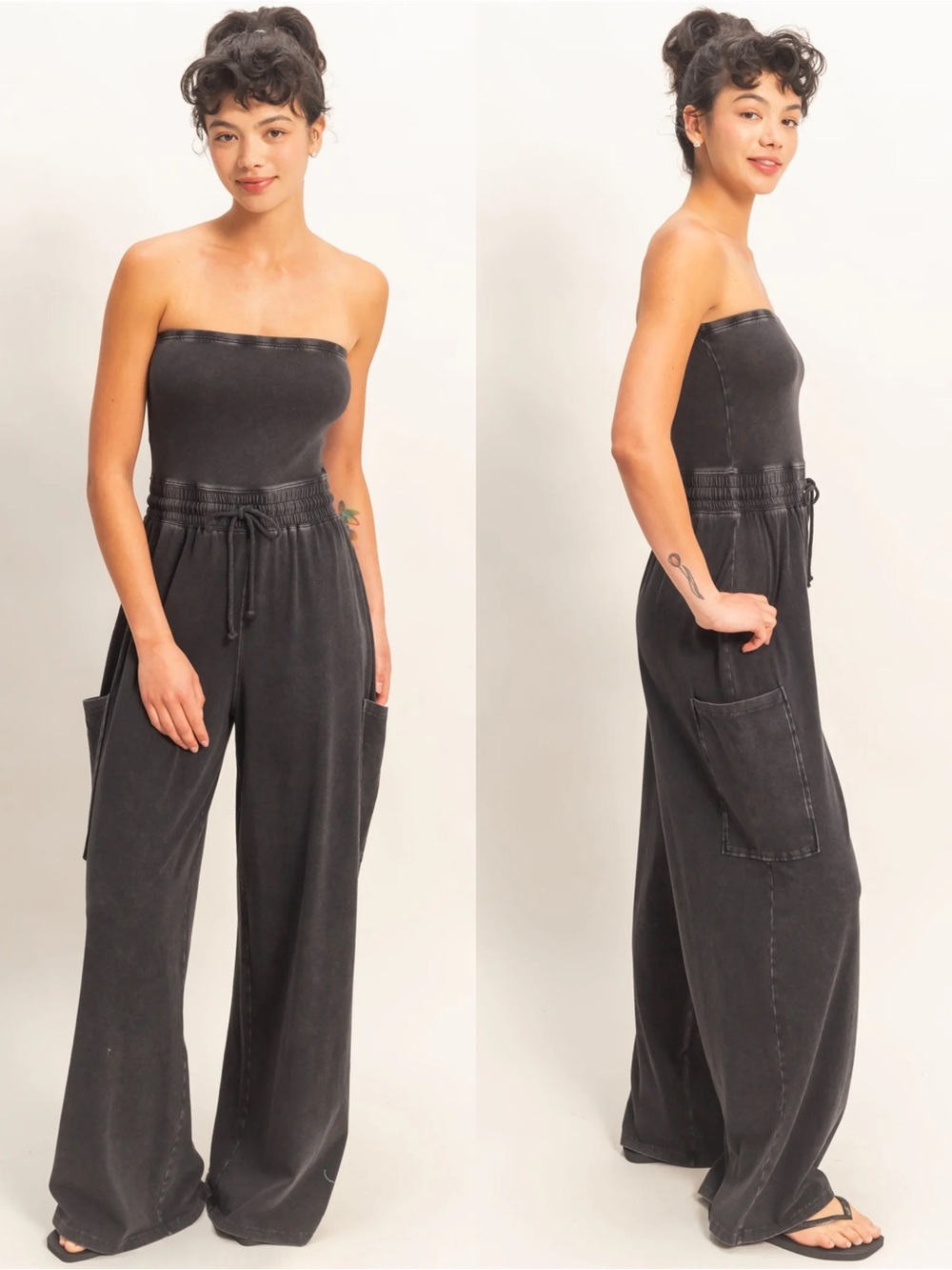 NEW Double Zero Black Mineral Wash Strapless Wide-Leg Jumpsuit Size Medium